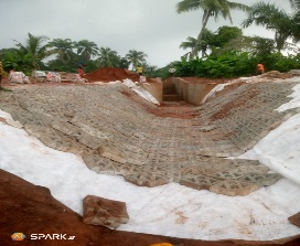 Geotextile fabric underlayer installed on erosion slope with revetment above