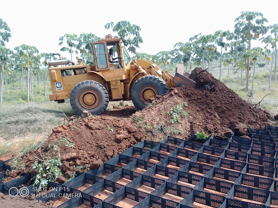 Geocell panels laid and filled with laterite soil at Agbede, Edo State for NGC