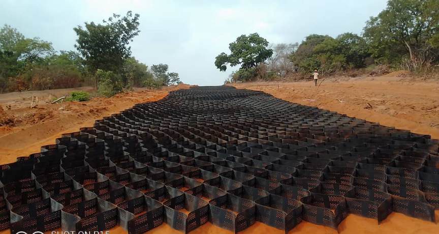 Geocell road installation — geosynthetic ground reinforcement